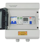 Voltagon Energy Systems electrical distribution board with circuit breakers, surge protection, and energy meter installed in 