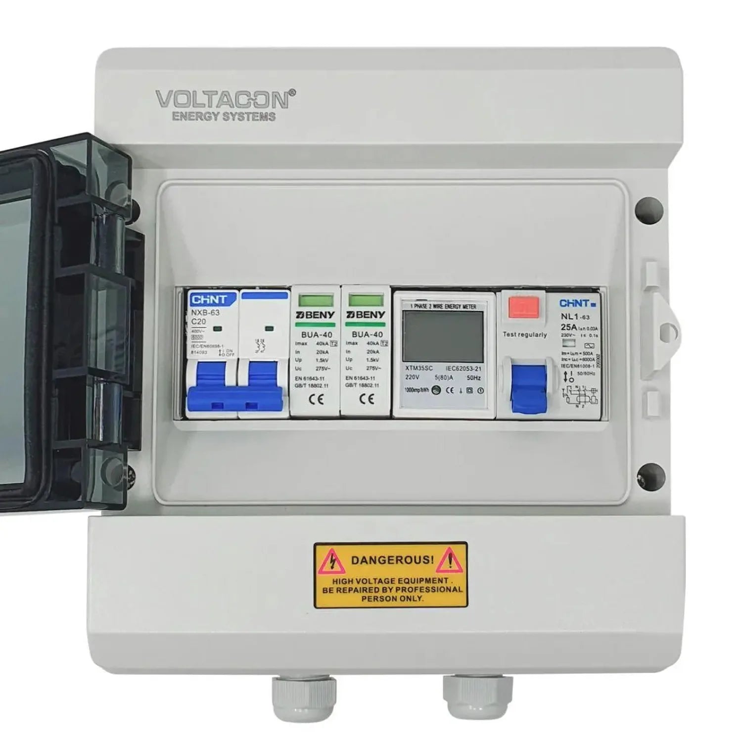 Voltagon Energy Systems electrical distribution board with circuit breakers, surge protection, and energy meter installed in 