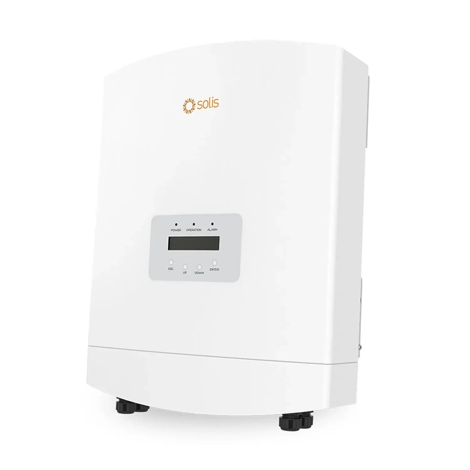 White Solis hybrid inverter with digital display panel showing power, operation, and alarm indicators, mounted on wall with b