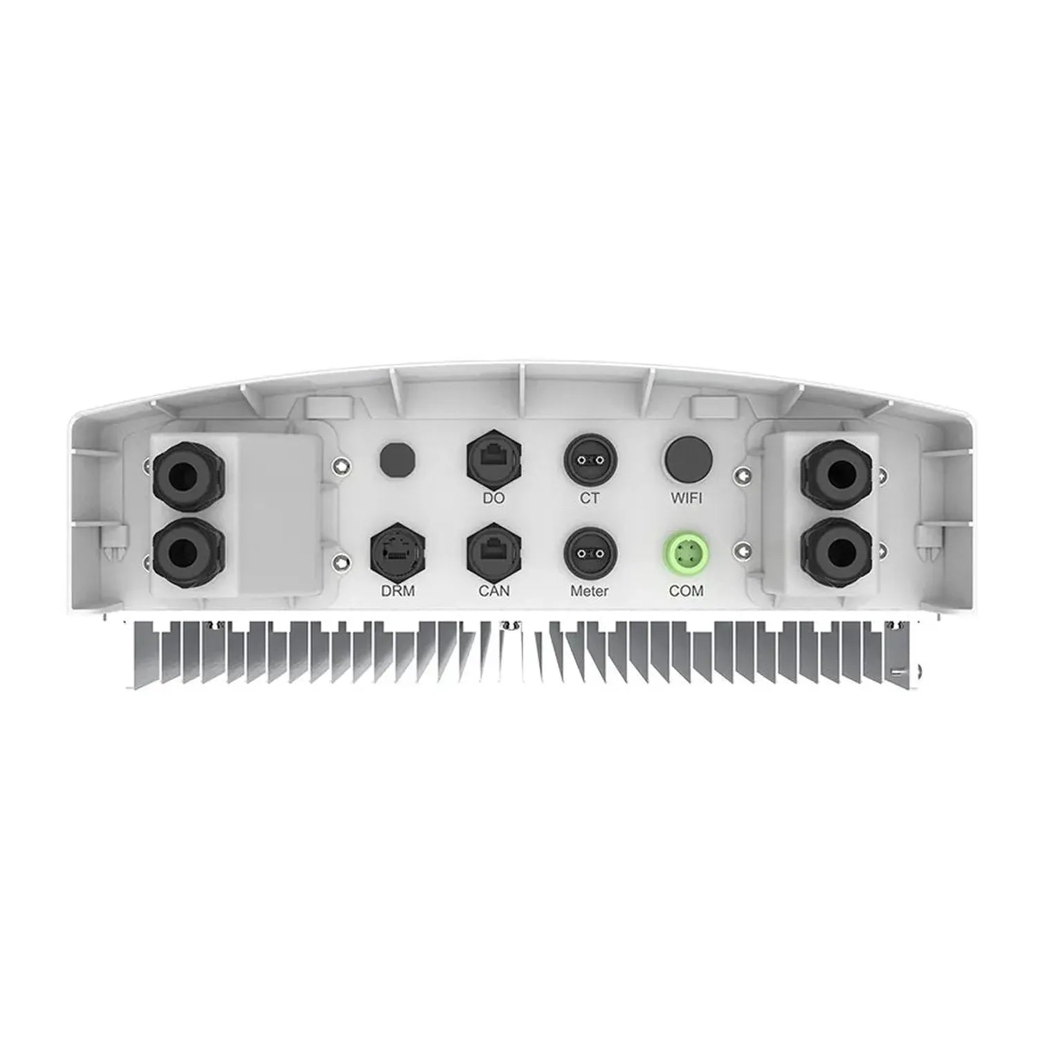 Top view of Solis 3kW hybrid inverter showing dual AC outlets, dual DC connectors, DRM, CAN, WiFi, meter, and COM ports with 