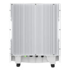 White hybrid inverter with vertical ribbed aluminum heatsink, mounting feet, and status indicators on front panel.