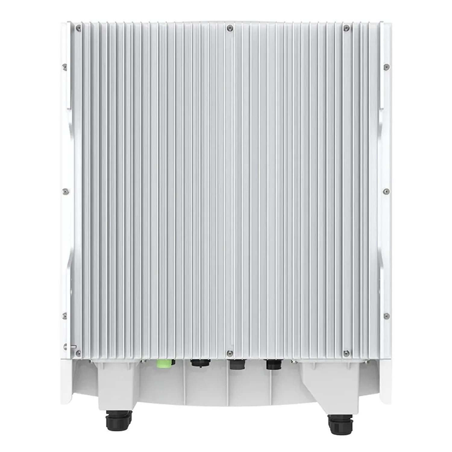 White hybrid inverter with vertical ribbed aluminum heatsink, mounting feet, and status indicators on front panel.