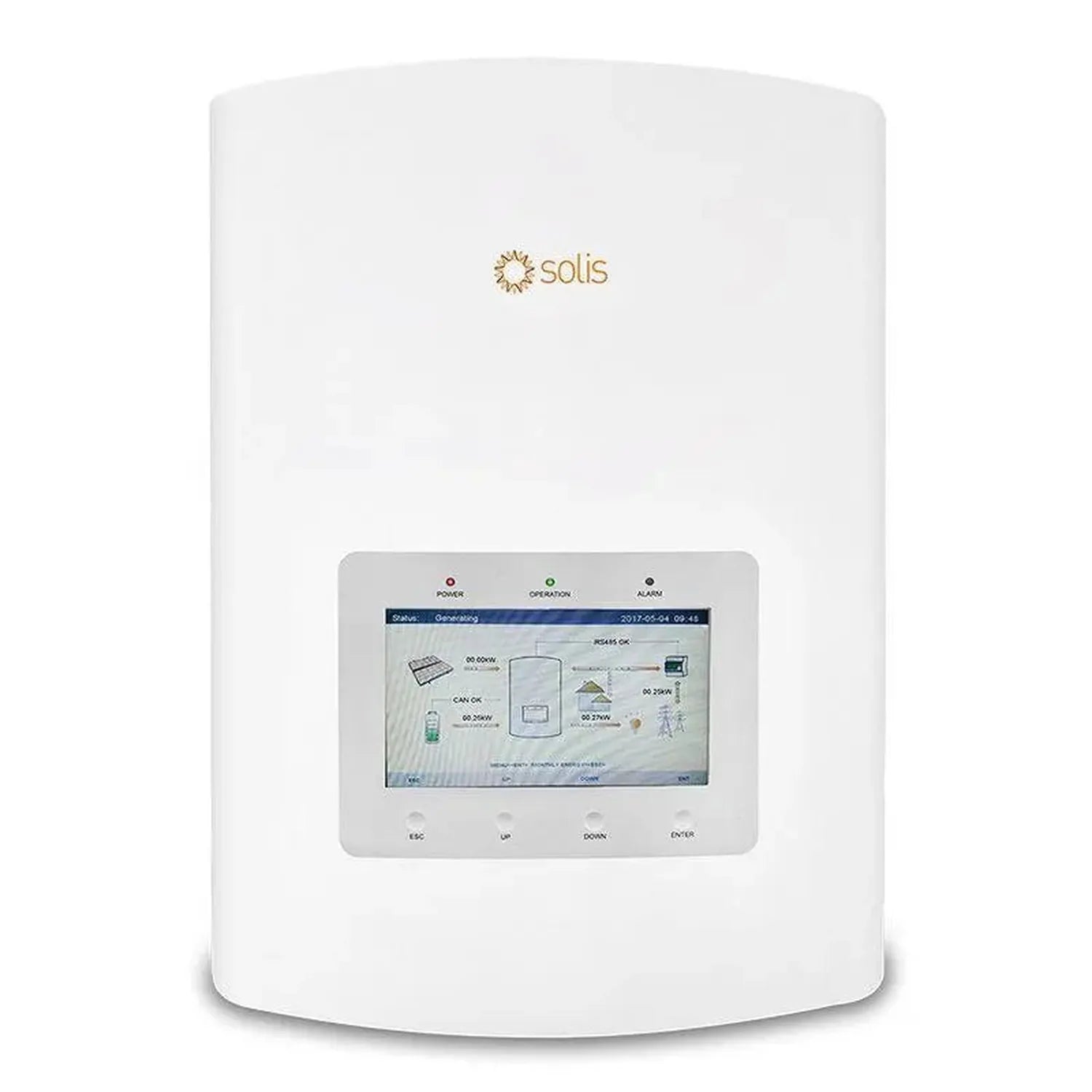 Solis hybrid solar inverter with white cylindrical body and digital display screen showing system status and monitoring infor