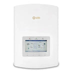 Solis white cylindrical hybrid inverter with digital display screen showing system status and generation data, three indicato