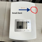 Solis hybrid inverter with small dent on upper right corner, arrow and red circle highlighting damage location.
