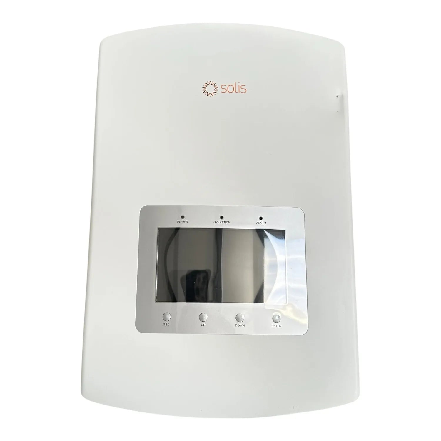 Solis white hybrid inverter with display screen showing power, operation, and alarm indicator lights, plus ESC, UP, Down, and