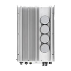 Top-down view of a rectangular silver solar inverter with vertical cooling fins, four circular connection ports on the right 