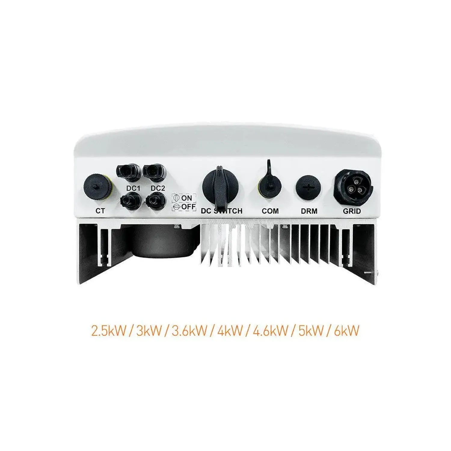 Top-down view of white solar inverter with control panel showing CT, DC1, DC2, ON/OFF switch, DC switch, COM, DRM, and GRID p