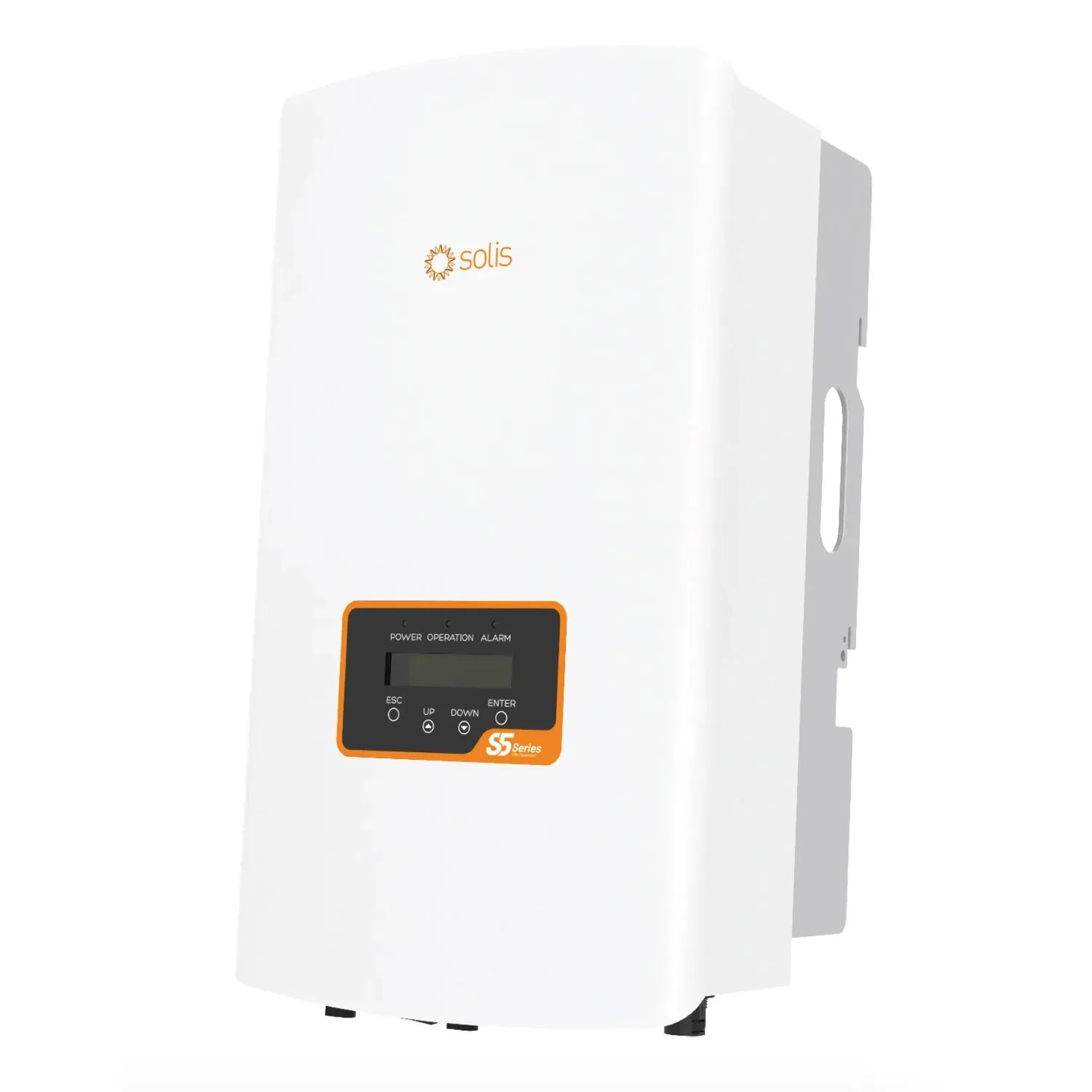 Solis S5 Series white wall-mounted inverter with orange control panel featuring power, operation, and alarm indicators.