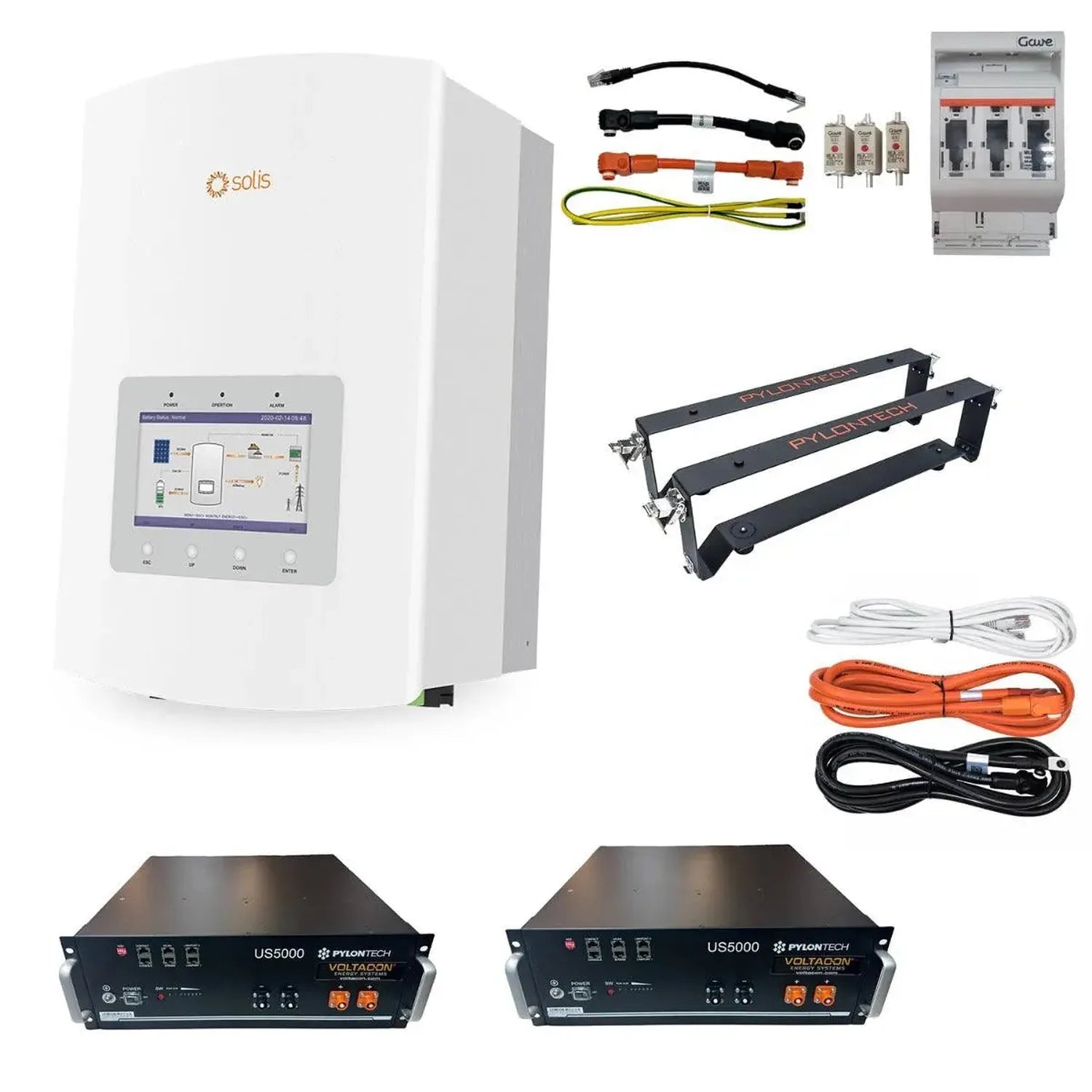 Solis 6kW hybrid inverter with Pylontech batteries, mounting rails, electrical cables, and circuit breaker components display