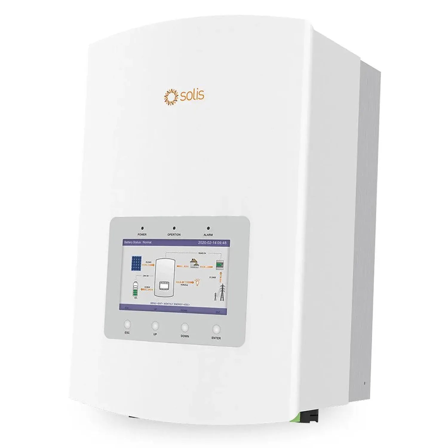 Solis white hybrid inverter with touchscreen display showing system status and energy monitoring interface, front view produc