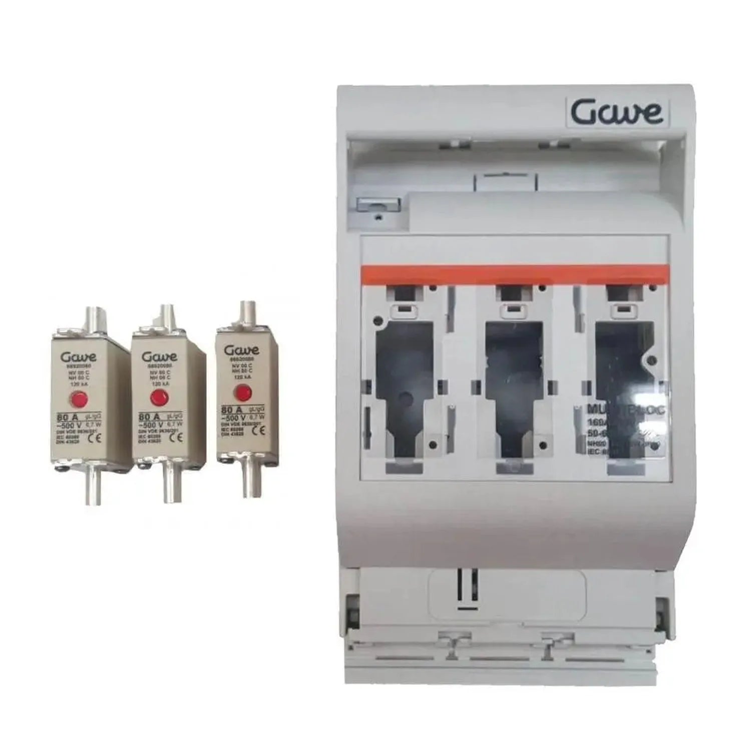 Gawé 80A fused disconnect switches and three-pole circuit breaker enclosure for solar battery systems.