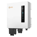 Solis white and black hybrid inverter unit with control panel and dual connectors at bottom.