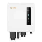 Solis S6 hybrid inverter with white casing, black control panel with battery indicator and connectivity icons, and black conn