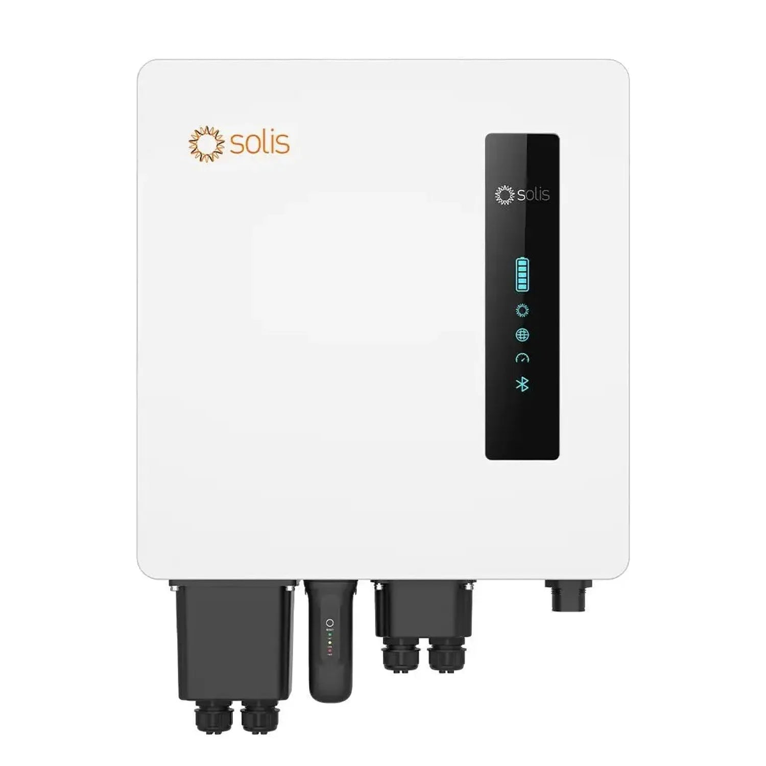 Solis S6 hybrid inverter with white casing, black control panel with battery indicator and connectivity icons, and black conn