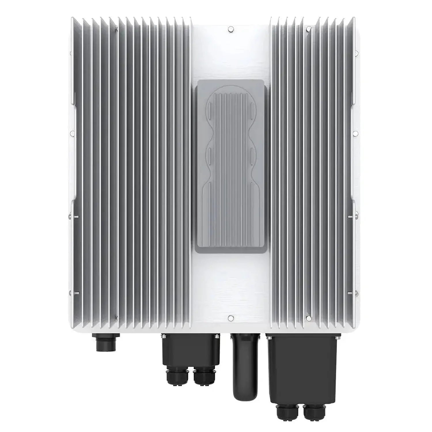 Top-down view of Solis S6 5kW hybrid inverter showing dual heatsink design with vertical fins and black connectors beneath.