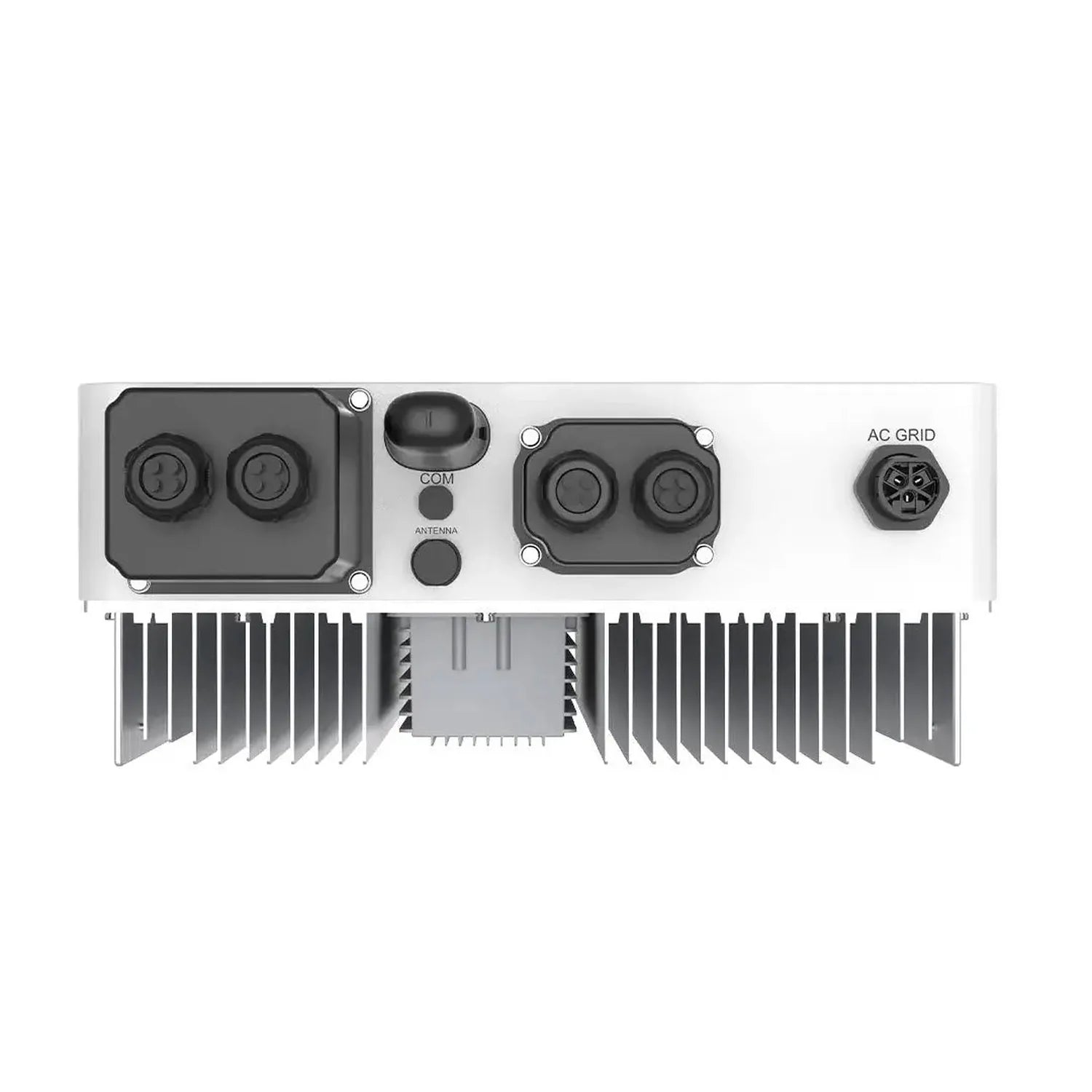 Top-down view of Solis S6 5kW hybrid inverter showing two dual-dial interfaces, central COM and antenna ports, AC grid connec