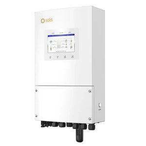 Solis white wall-mounted hybrid solar inverter with touchscreen display showing system diagram and four control buttons below