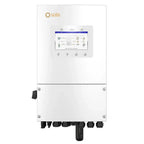 Solis 6kW hybrid solar inverter with white enclosure, touchscreen display showing system diagram, control buttons, and multip