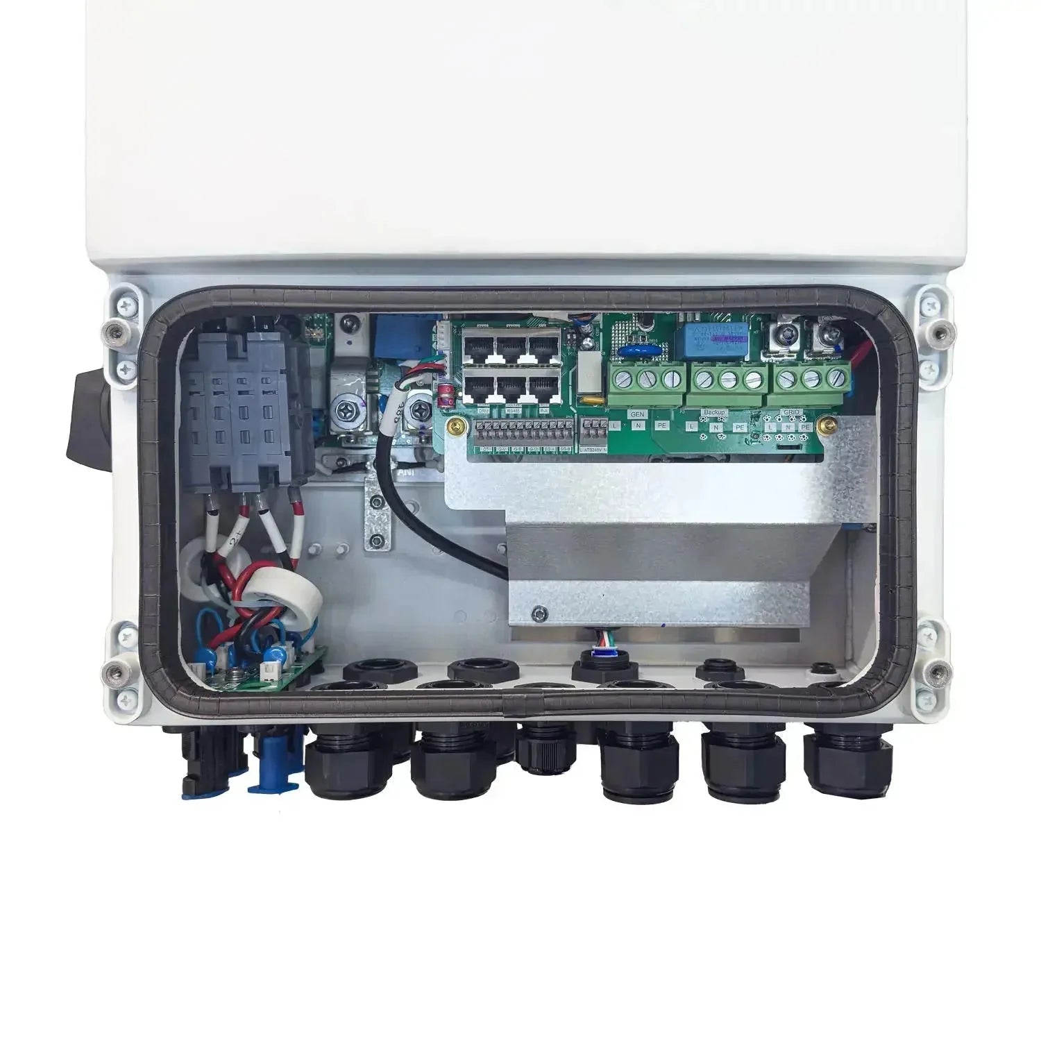 Interior view of Solis 6kW hybrid solar inverter showing circuit boards, connectors, and terminal blocks mounted in weatherpr