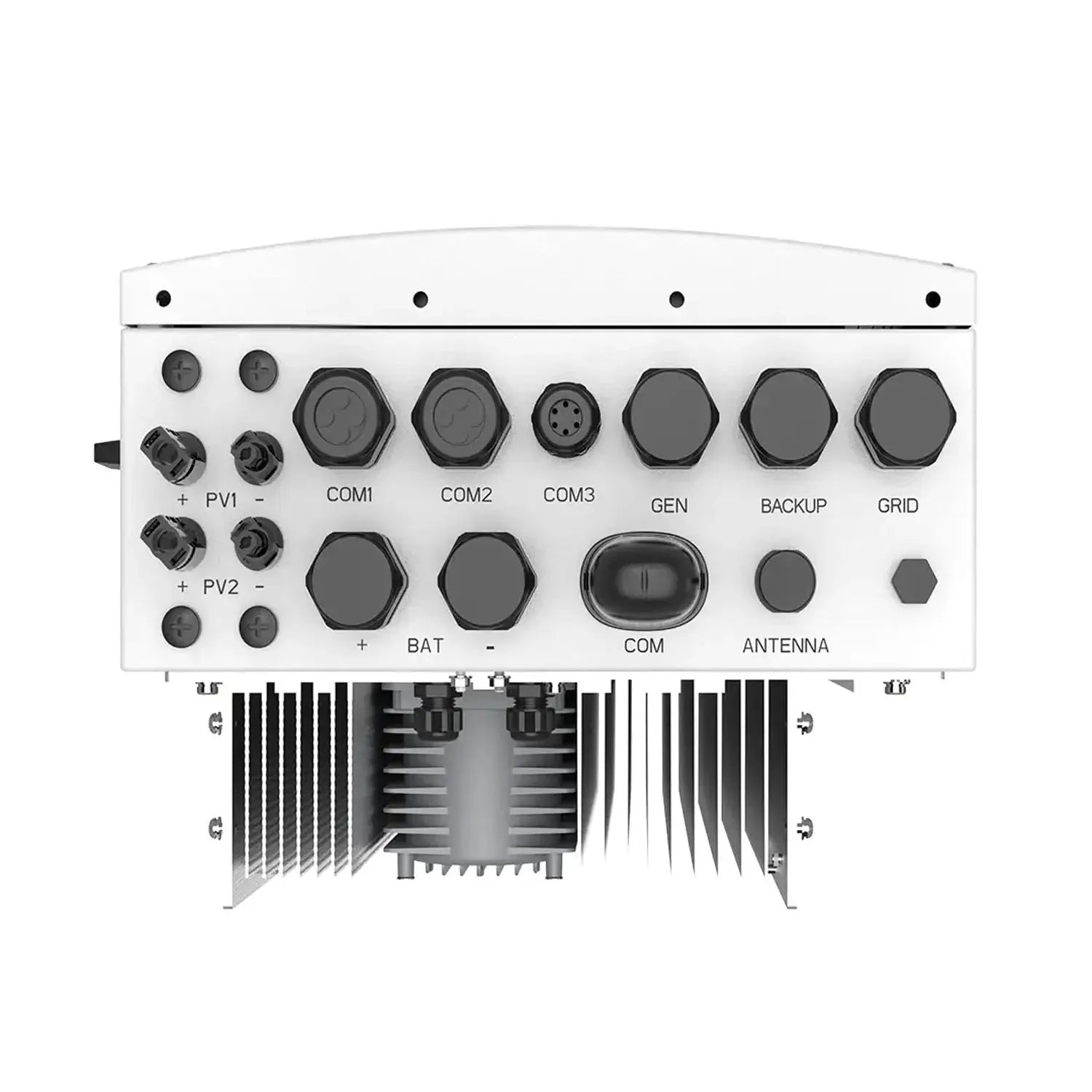 Top-down view of Solis hybrid solar inverter control panel showing labeled connection ports for solar arrays, batteries, gene