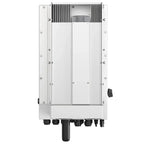 Front view of white Solis 6kW hybrid solar inverter showing cooling fins, terminal connections, and mounting hardware.
