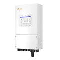 Solis white hybrid solar inverter with touchscreen display showing system diagram, mounted on wall with black connectors at b