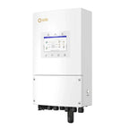 Solis white hybrid solar inverter with touchscreen display showing system diagram, mounted on wall with black connectors at b