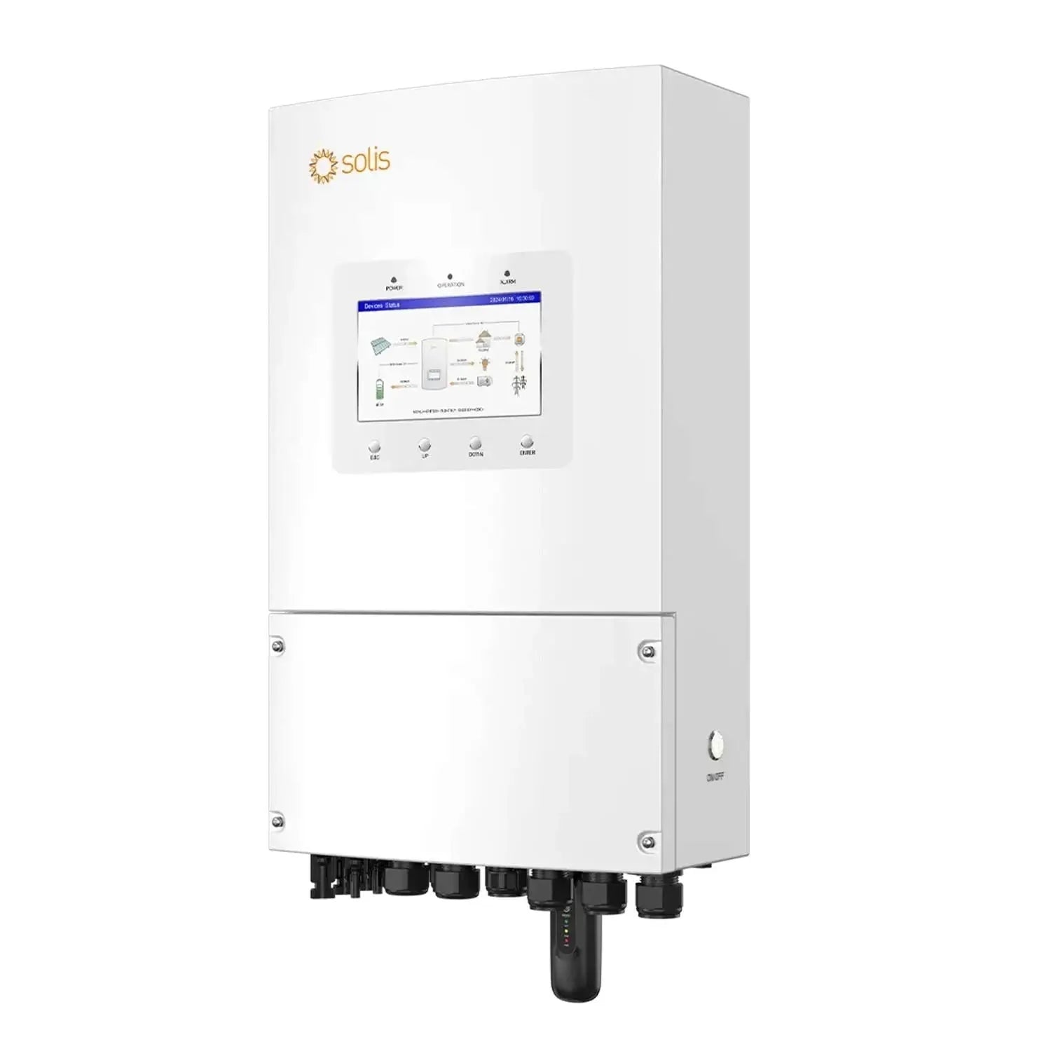 Solis white hybrid solar inverter with touchscreen display showing system diagram, mounted on wall with black connectors at b