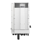 Rear view of white rectangular solar inverter with vertical ribbed heat sink, terminal connectors at bottom, and mounting har