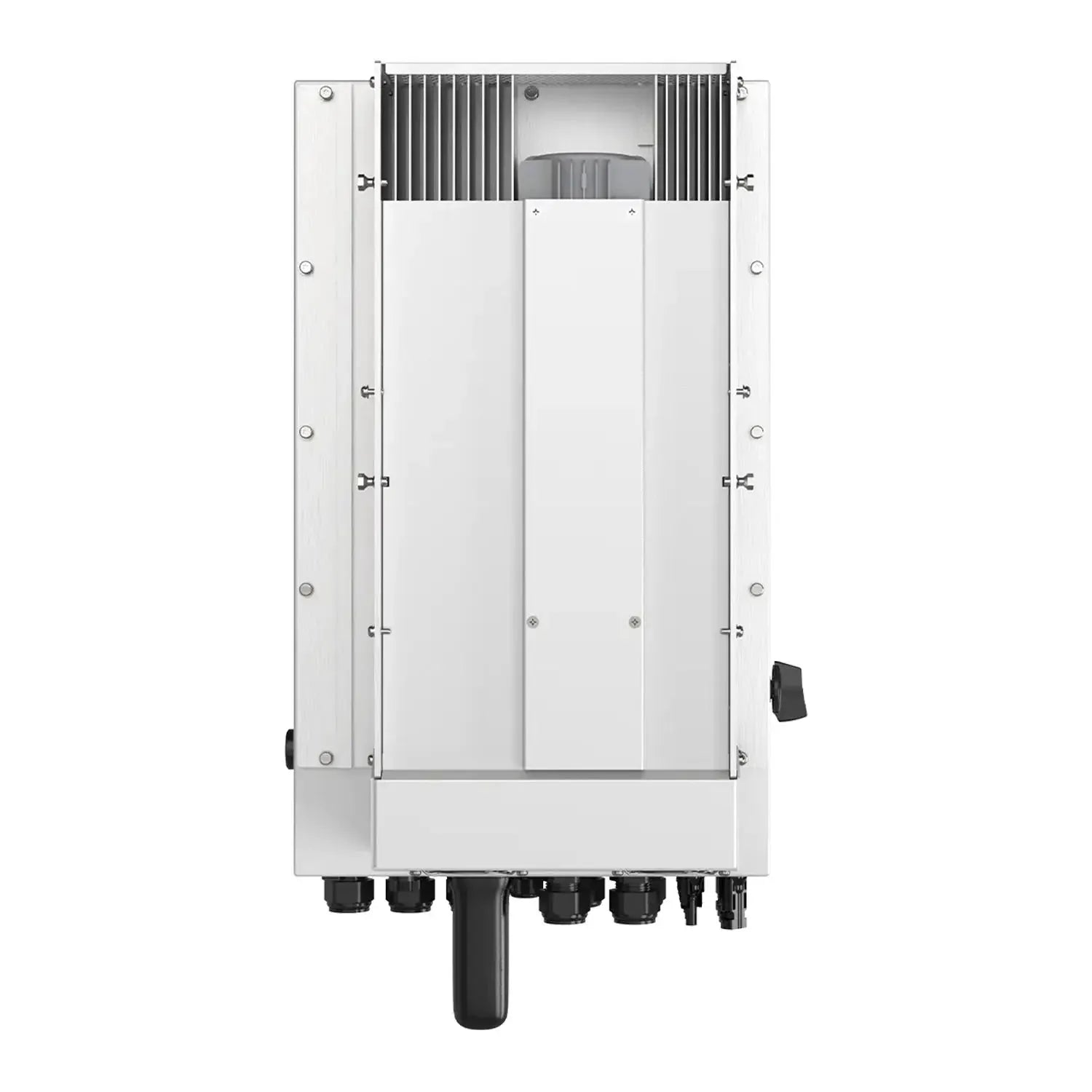 Rear view of white rectangular solar inverter with vertical ribbed heat sink, terminal connectors at bottom, and mounting har
