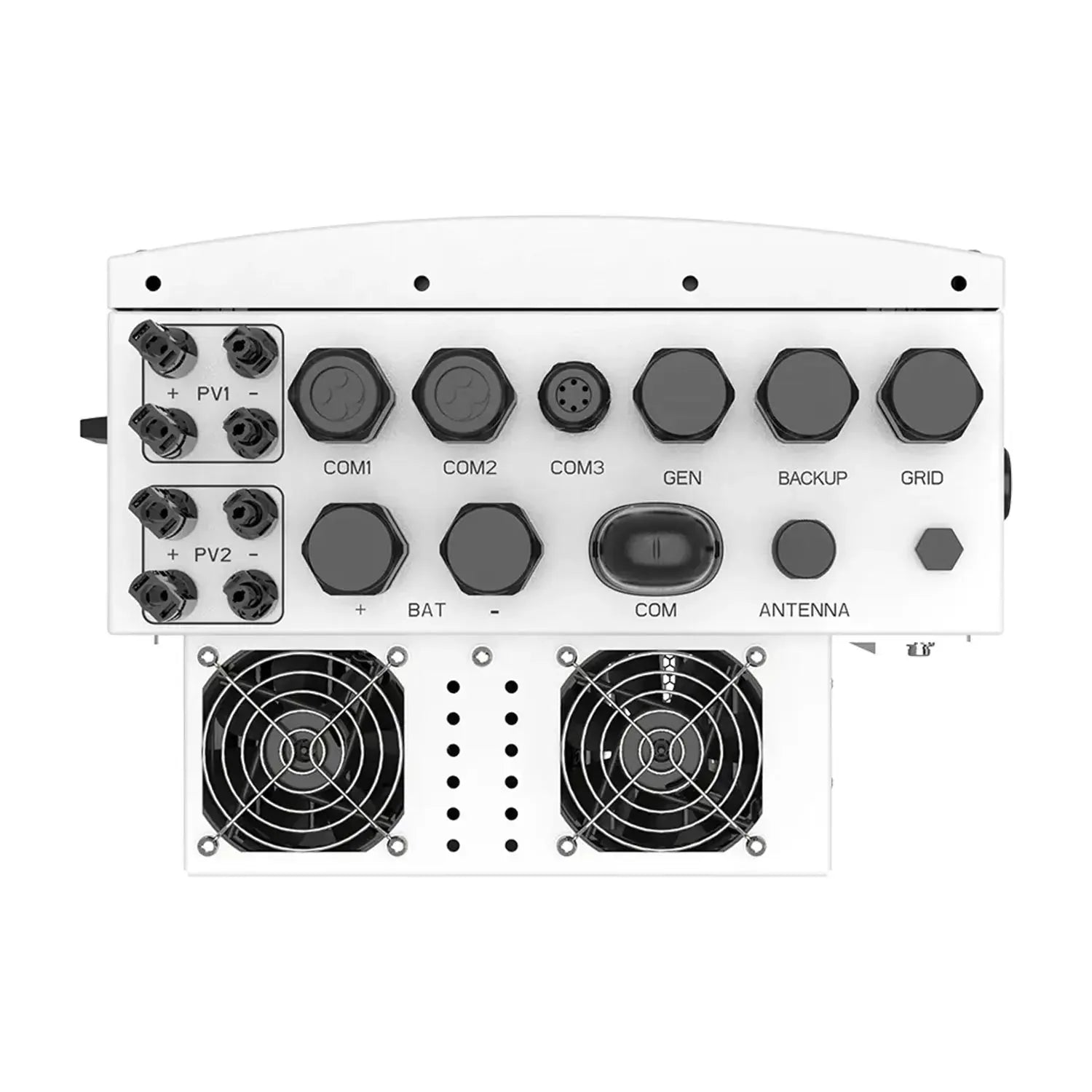 Top-down view of white hybrid solar inverter with two PV inputs, three communication ports, battery and grid terminals, anten