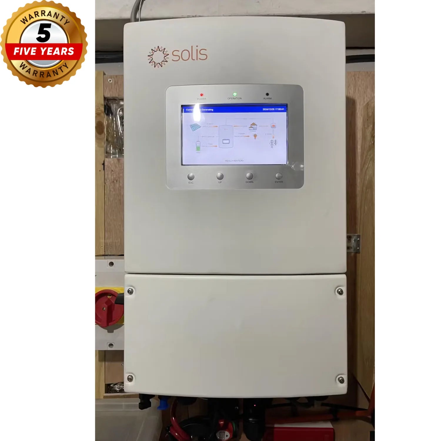 Solis 8kW hybrid solar inverter mounted on wall with touchscreen display showing system diagram, red isolation switch visible