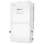 Solis white wall-mounted hybrid inverter with touchscreen display, front view product photograph.