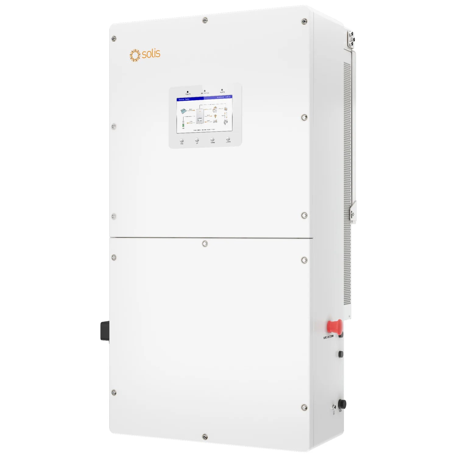 Solis white wall-mounted hybrid inverter with touchscreen display, front view product photograph.
