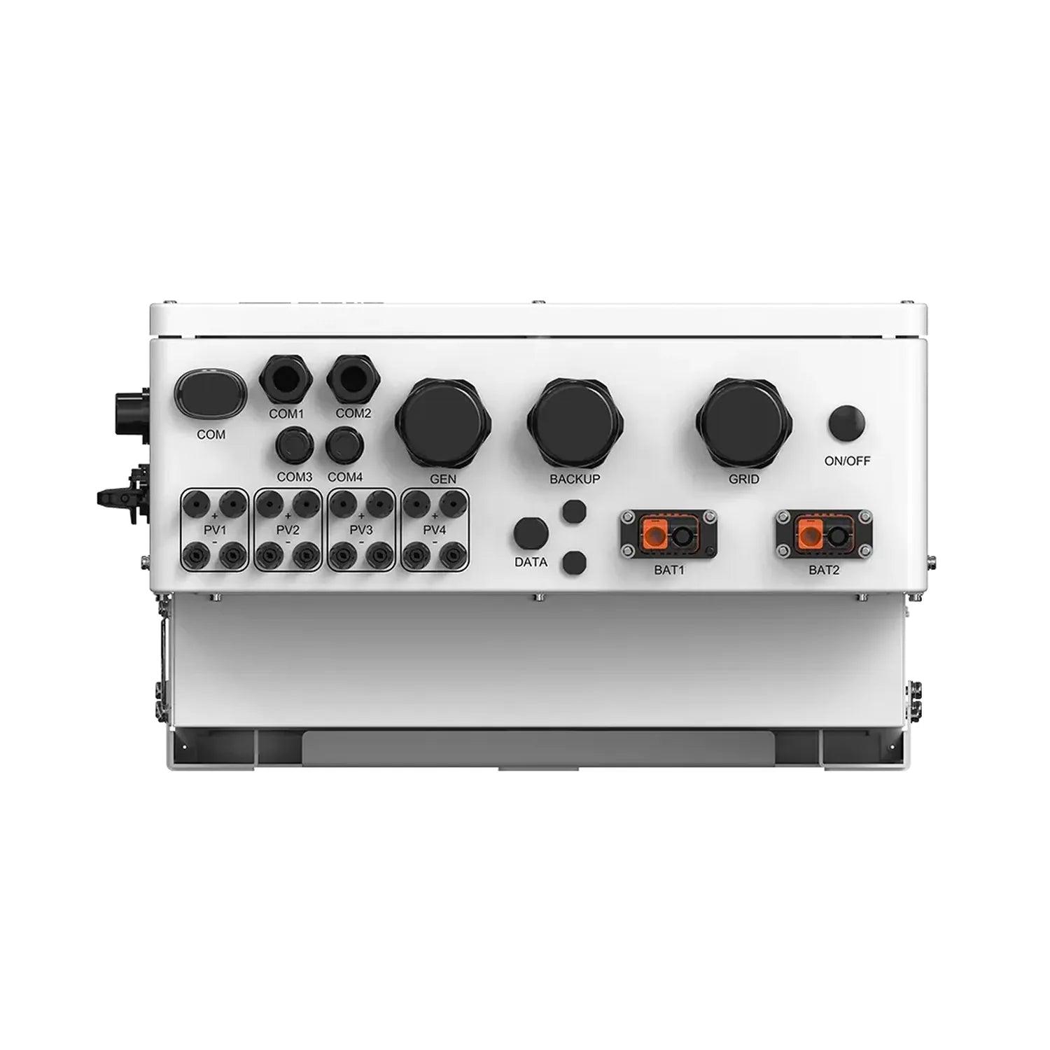 Top-down view of hybrid inverter control panel with communication ports, four PV inputs, generator and backup buttons, grid c