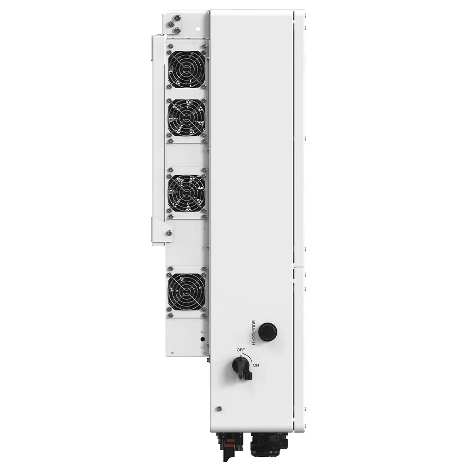 White rectangular hybrid inverter with four cooling fans on left side, ON/OFF toggle switch and blue button on lower right, m
