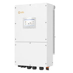 White Solis hybrid solar inverter with touchscreen display, mounting brackets, and cable connectors visible at the base.
