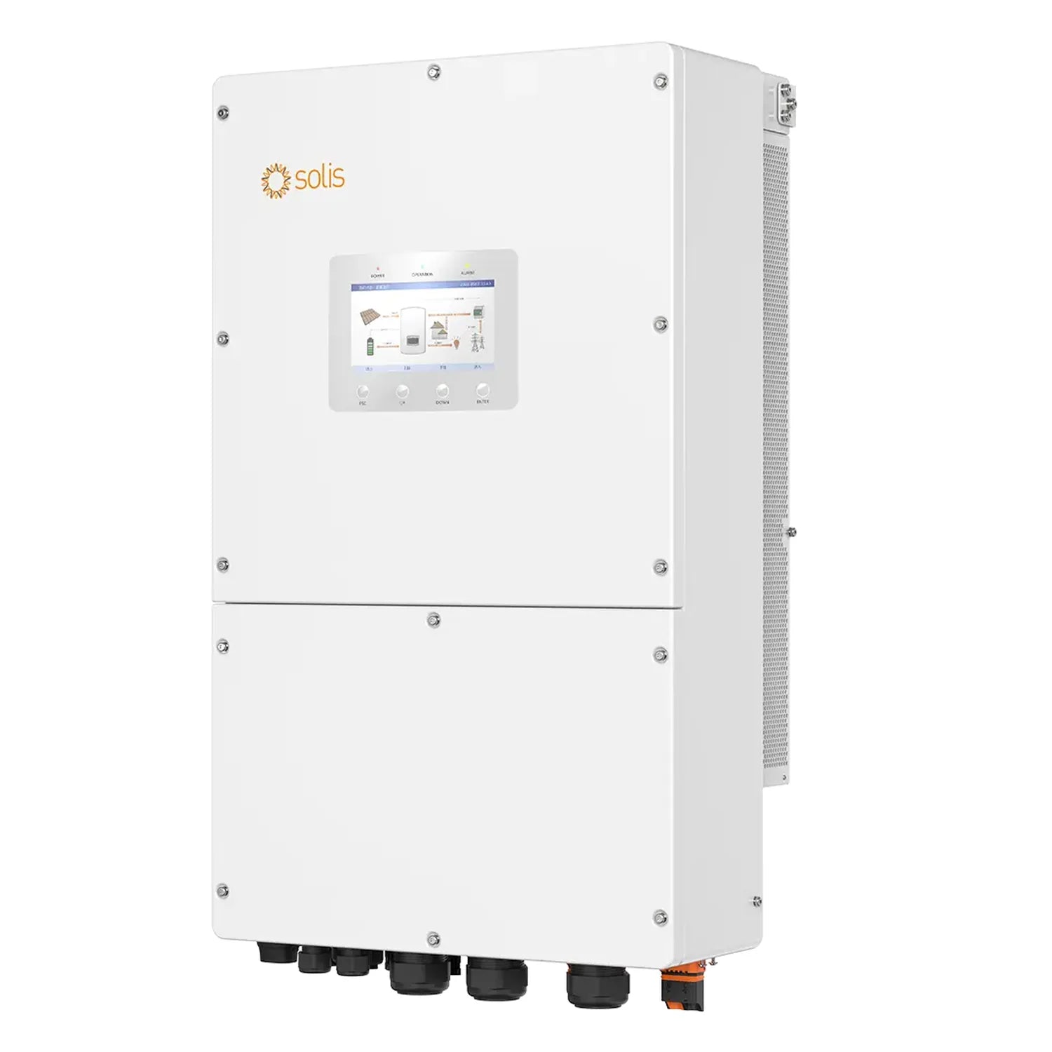 White Solis hybrid solar inverter with touchscreen display, mounting brackets, and cable connectors visible at the base.