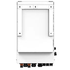 Top-down view of white hybrid inverter with terminal connectors at bottom and adjustment controls on sides.