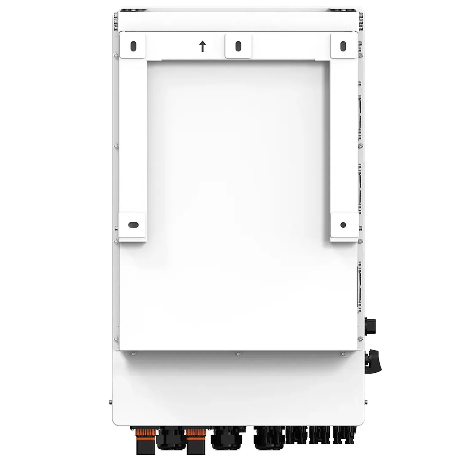 Top-down view of white hybrid inverter with terminal connectors at bottom and adjustment controls on sides.