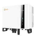 Solis 10kW three-phase hybrid solar inverter with white enclosure, black control panel with WiFi and Bluetooth icons, battery