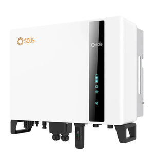 Solis 10kW three-phase hybrid solar inverter with white enclosure, black control panel with WiFi and Bluetooth icons, battery