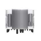 Top-down view of a three-phase hybrid solar inverter with aluminum finned heatsinks, white mounting brackets, and black conne