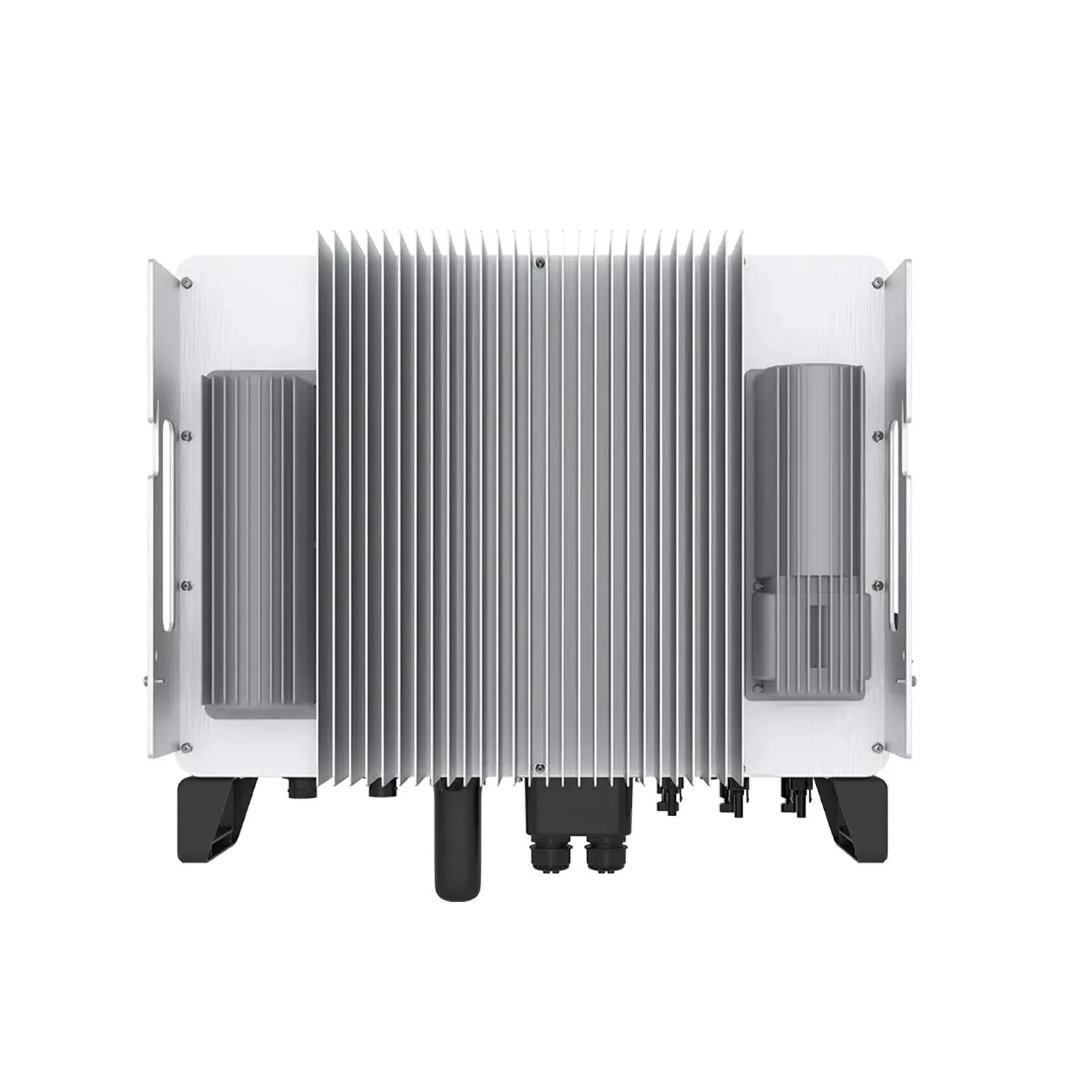 Top-down view of a three-phase hybrid solar inverter with aluminum finned heatsinks, white mounting brackets, and black conne