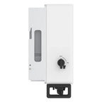 White wall-mounted hybrid solar inverter with gray handle on left side and black on-off rotary dial on right side, shown agai