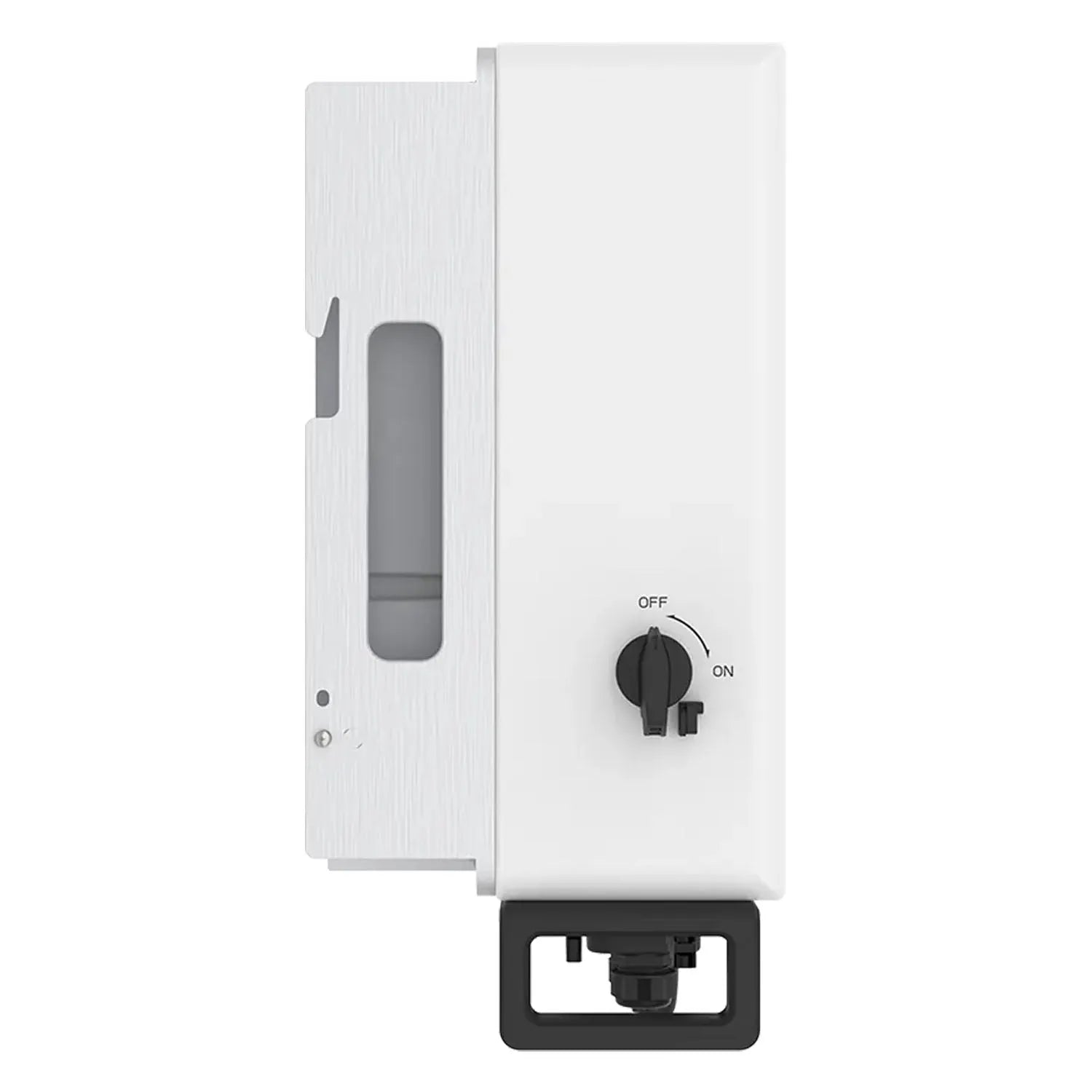 White wall-mounted hybrid solar inverter with gray handle on left side and black on-off rotary dial on right side, shown agai
