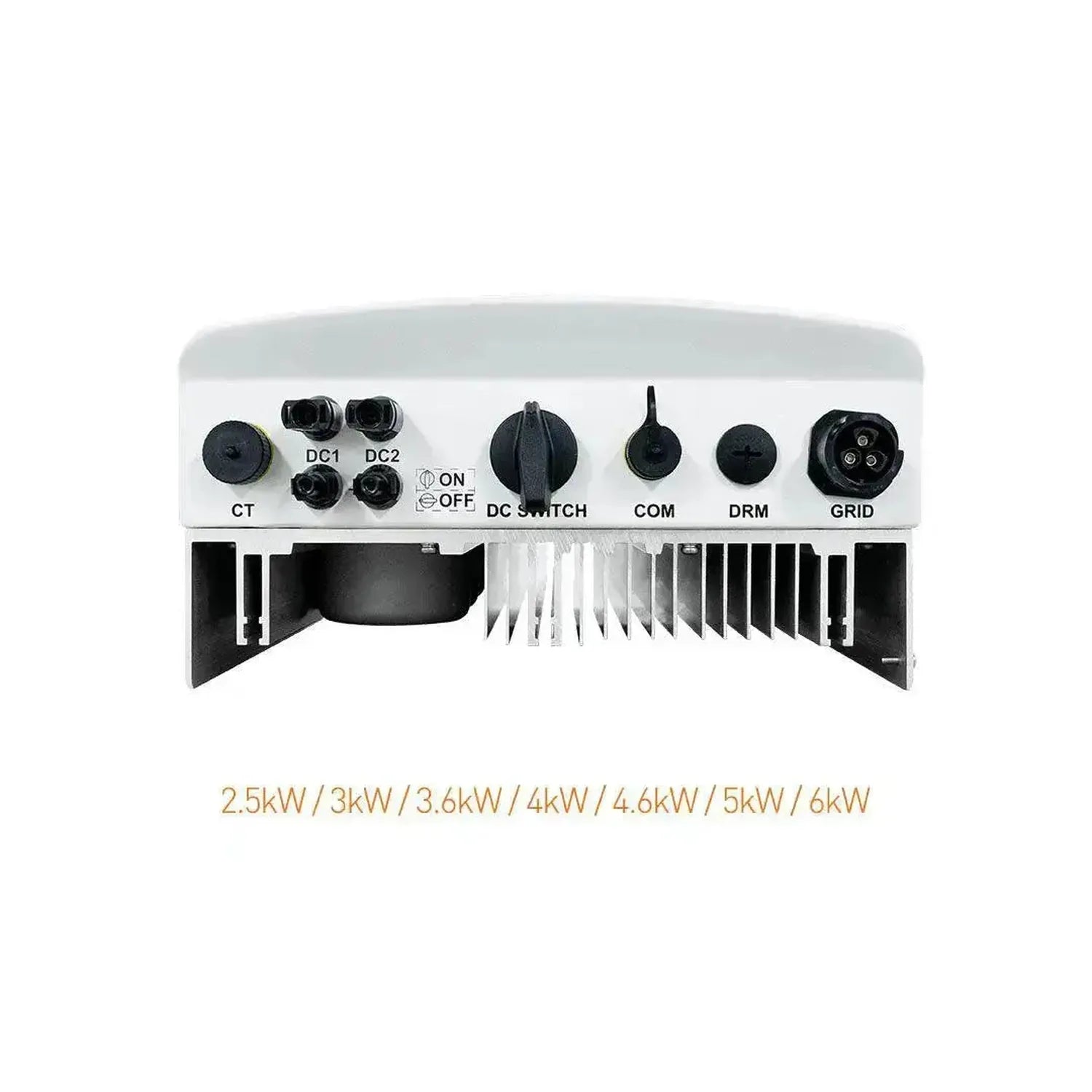 Top-down view of Solis grid-tie inverter showing control panel with labeled switches and connectors including CT, DC1, DC2, O