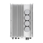 Top-down view of a rectangular solar inverter with vertical aluminum fins, four circular connection ports on the right side, 
