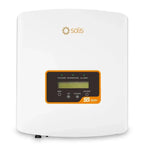 Solis S5 Series solar inverter with white cylindrical body, orange and black control panel displaying power, operation, and a